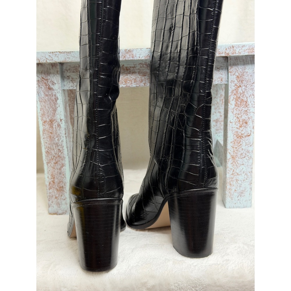 Schutz Maryana Block Boots Women 6 Black Croc Embossed Leather Knee High Pointed - Picture 9 of 9